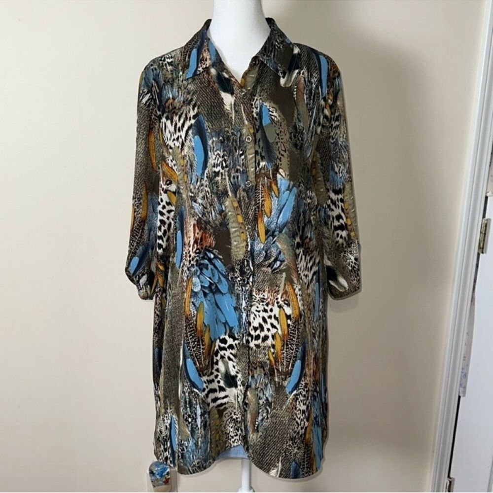 Indigo Rose 1X Colorful Feather Animal Quarter Sleeve High Low Tunic Shirt Dress